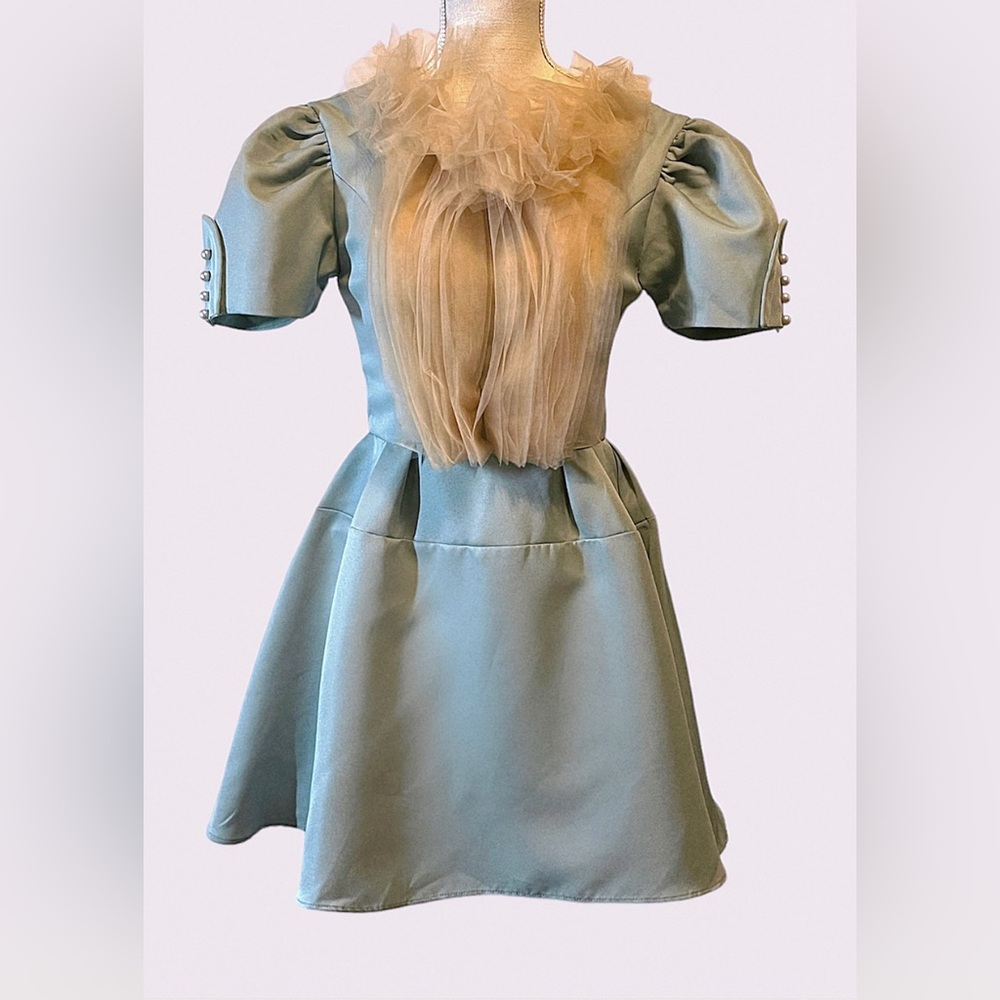 Lolita Cosplay Light Blue Short Dress w/Tulle Collar Sz Small